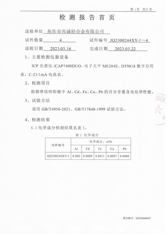 第三方帶狀鋅陽極報告